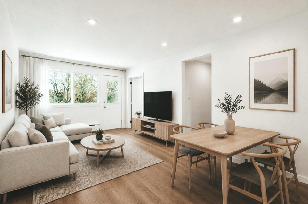 Staged living and dining room at Domaine Choisy